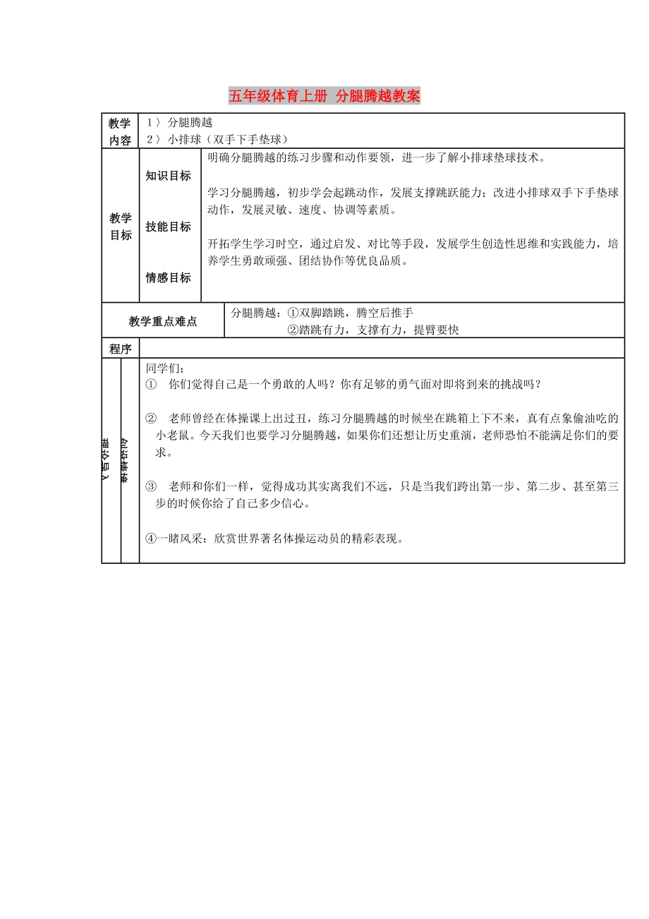 五年級體育上冊 分腿騰越教案_第1頁