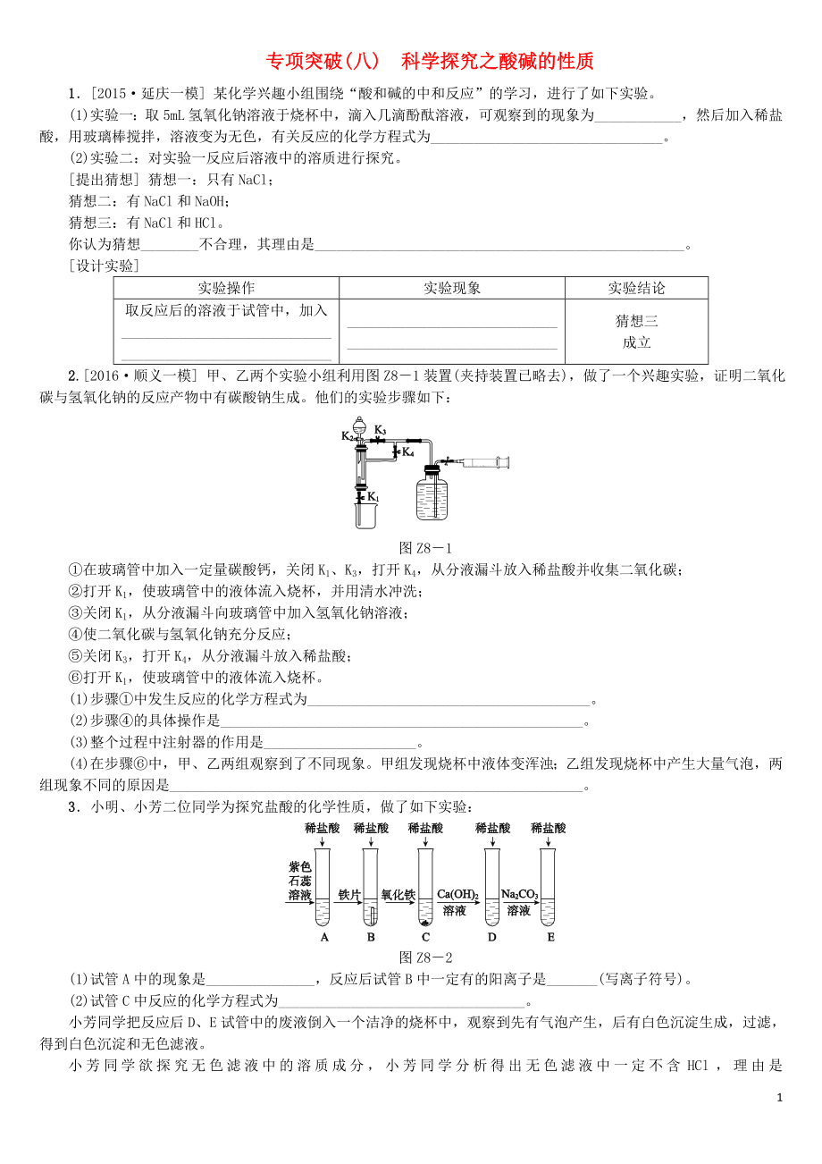 北京市2018年中考化學(xué)基礎(chǔ)復(fù)習(xí) 專項突破（八）科學(xué)探究之酸堿的性質(zhì)練習(xí)_第1頁