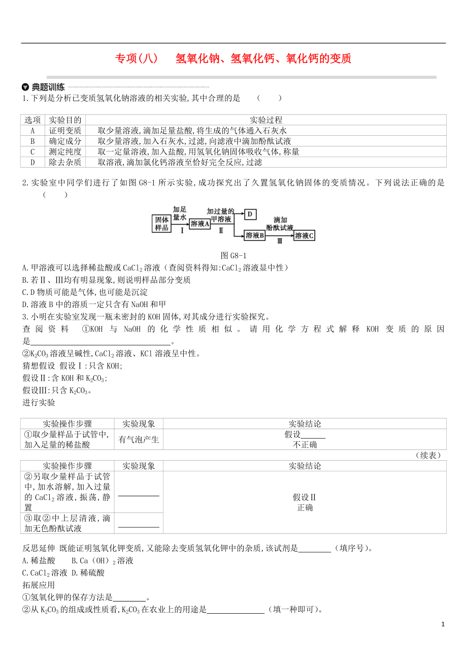 江蘇省徐州市2019年中考化學(xué)專項(xiàng)復(fù)習(xí) 專項(xiàng)（八）氫氧化鈉、氫氧化鈣、氧化鈣的變質(zhì)練習(xí)_第1頁