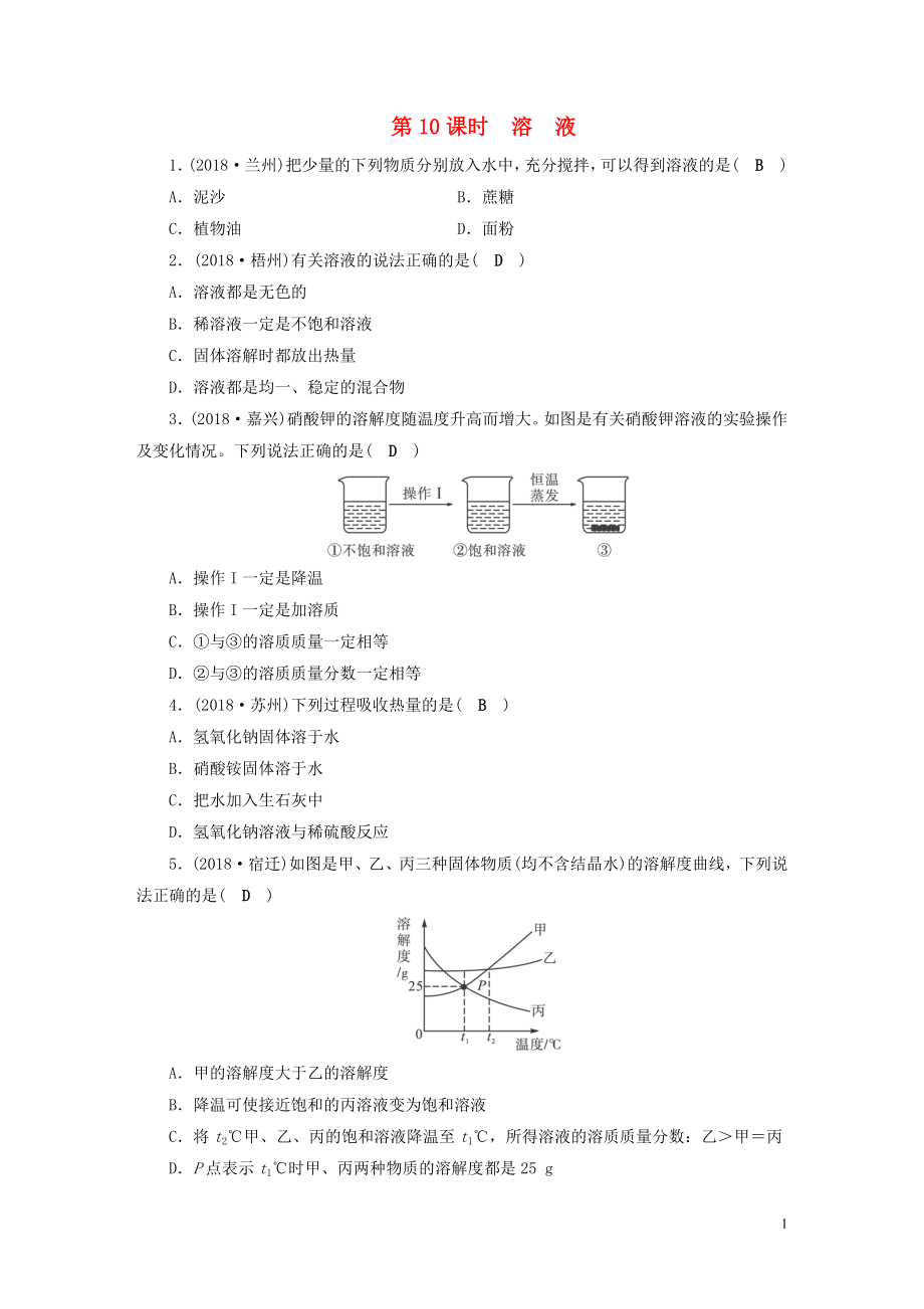 安徽省2019中考化學(xué)決勝?gòu)?fù)習(xí) 第一部分 考點(diǎn)探究 第10課時(shí) 溶液習(xí)題_第1頁(yè)