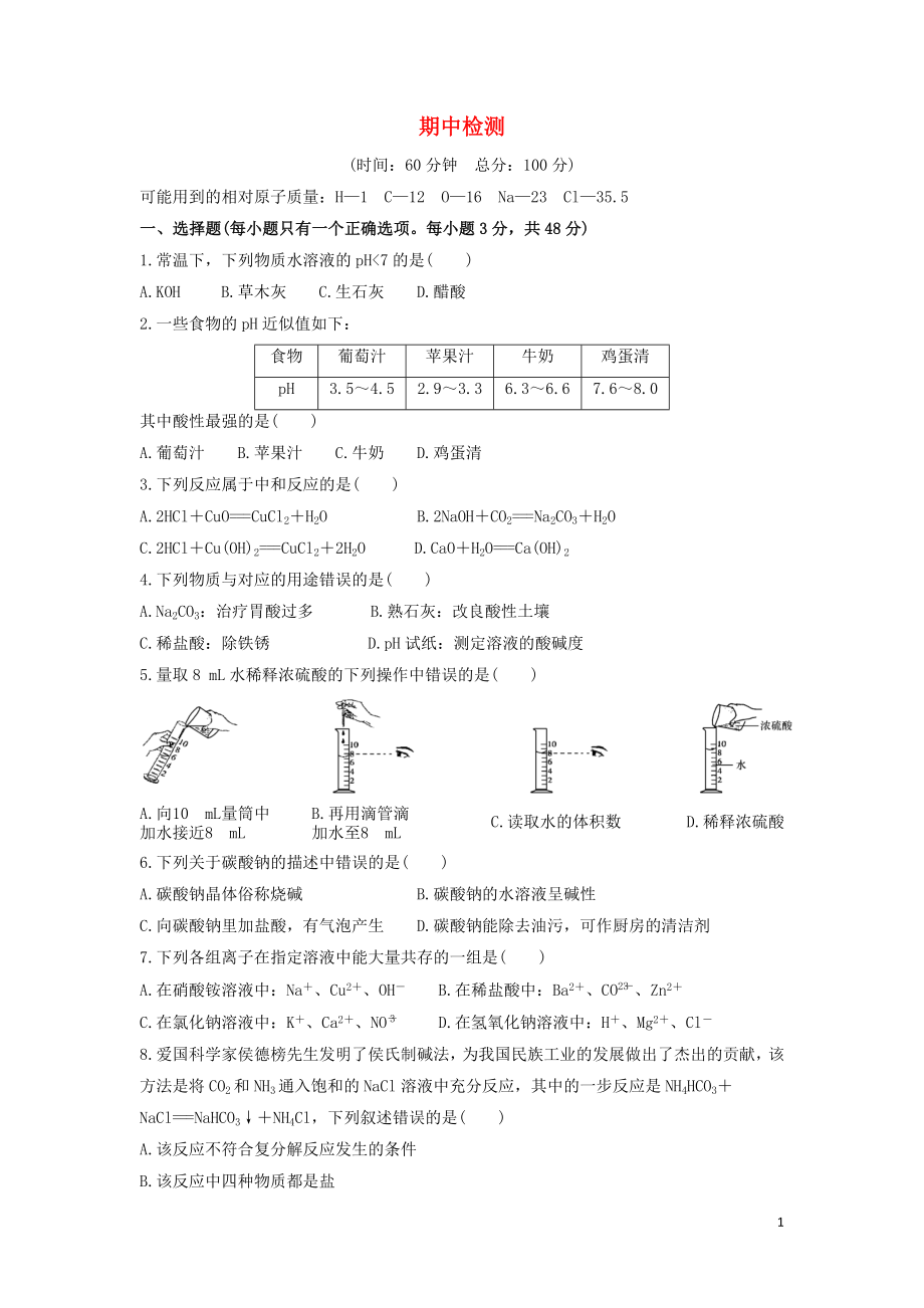 九年级化学下册 期中测试卷1 （新版）鲁教版_第1页