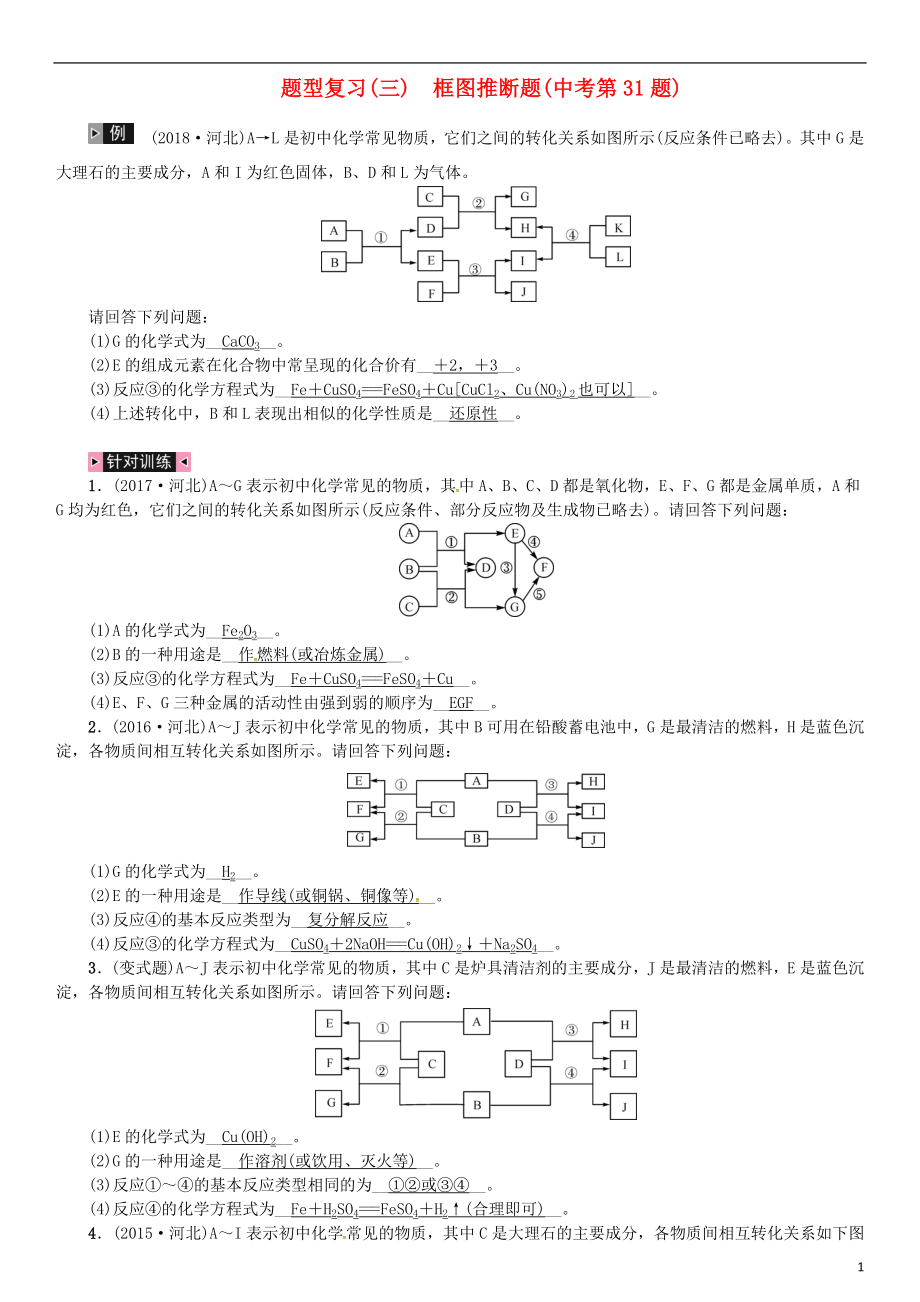 （河北專版）2019年中考化學復習 題型復習（三）框圖推斷題練習_第1頁