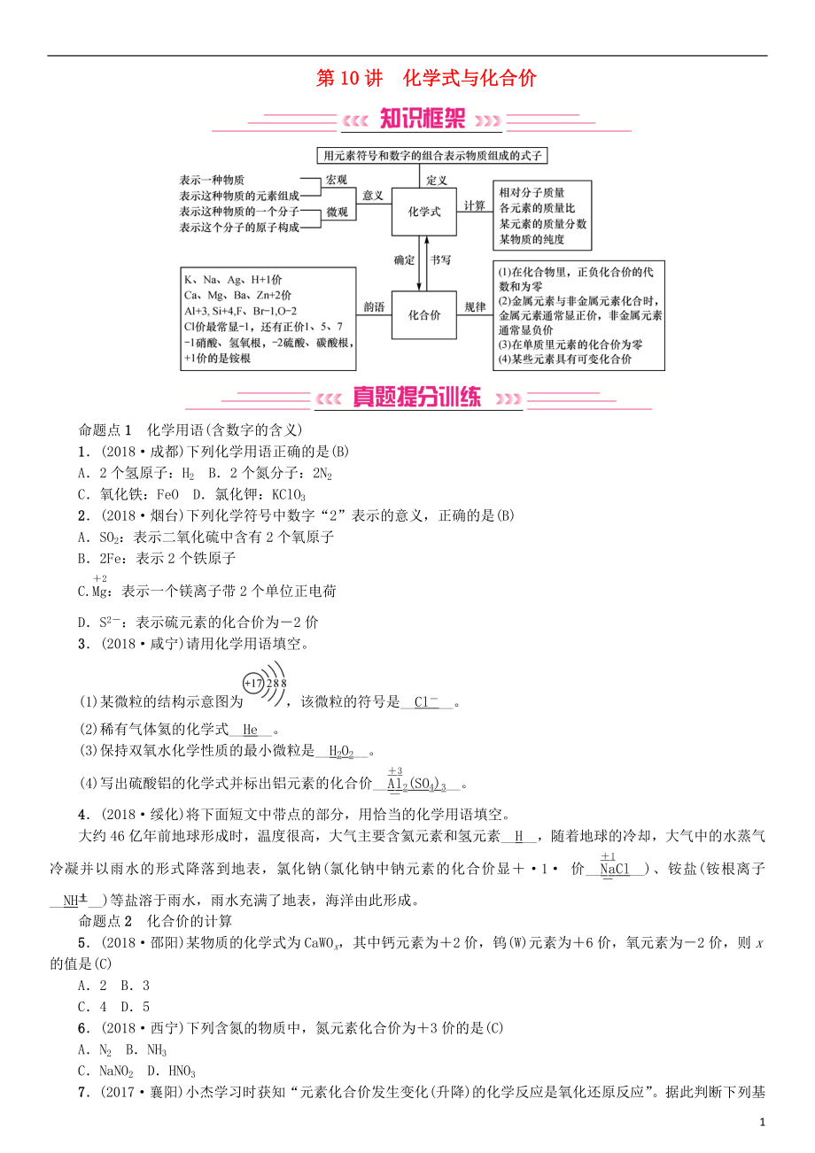 2019年中考化學復習 主題二 物質(zhì)構(gòu)成的奧秘 第10講 化學式與化合價專題練習_第1頁