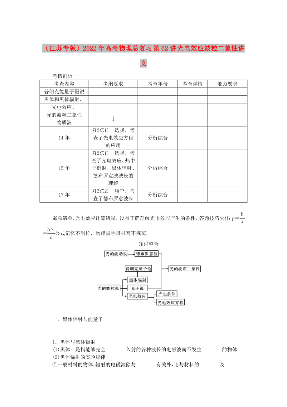 （江蘇專版）2022年高考物理總復(fù)習(xí) 第62講 光電效應(yīng)波粒二象性講義_第1頁