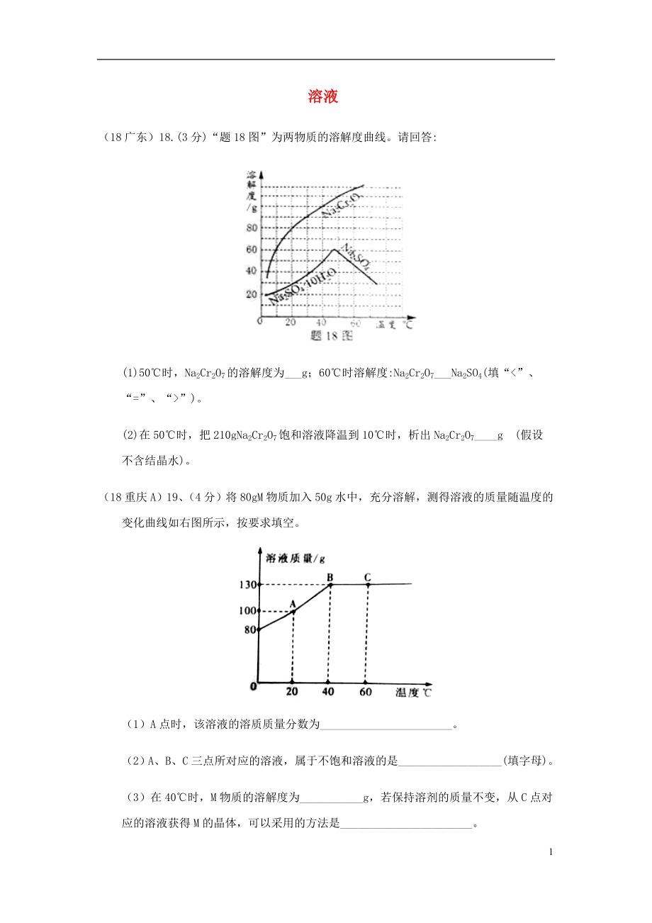 2018年中考化學真題分類匯編 1 物質的構成和變化 考點4 溶液 5溶解度 3溶解度曲線圖 3填空題（無答案）_第1頁