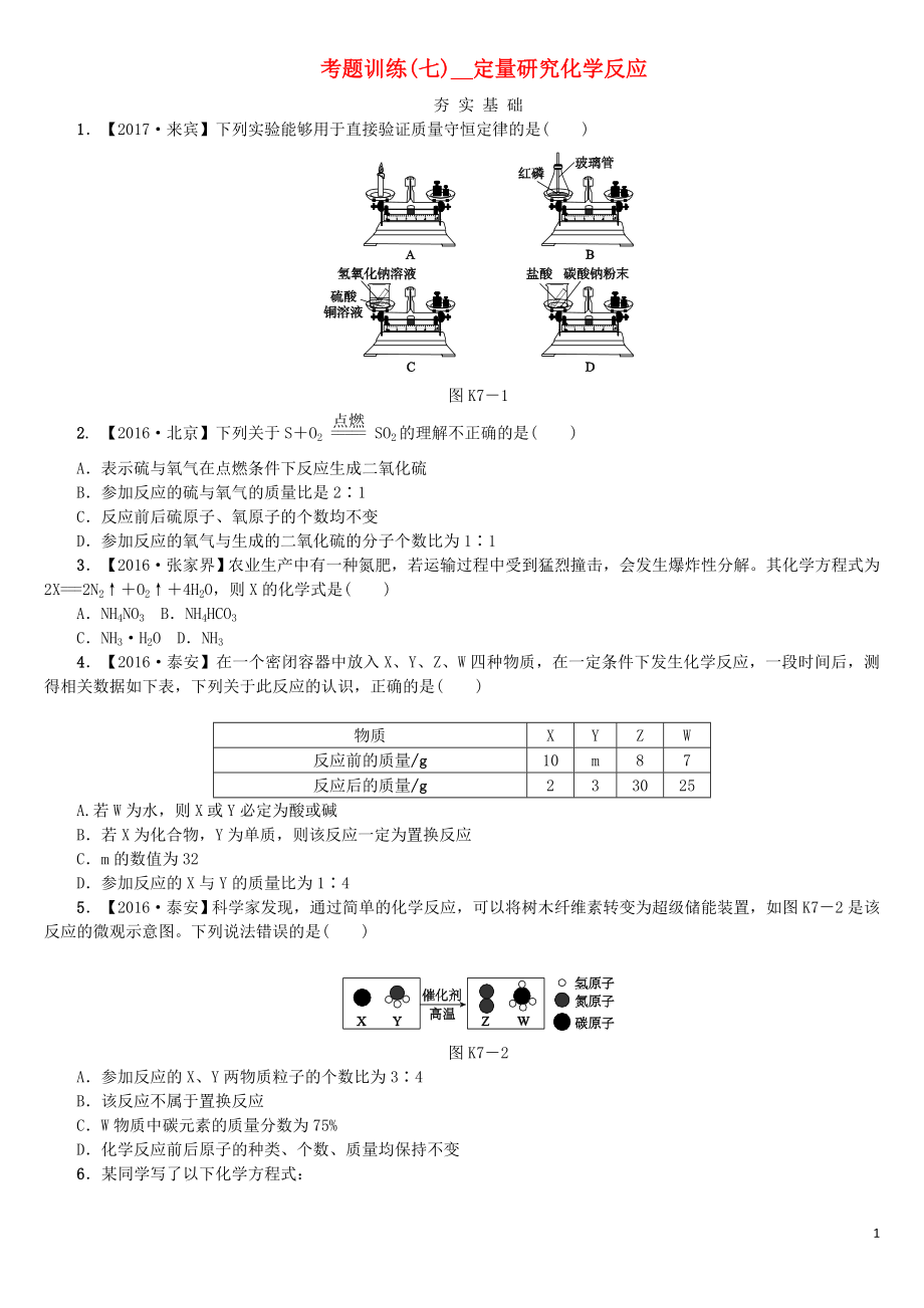 2018版中考化學(xué)復(fù)習(xí)方案 考題訓(xùn)練（七）定量研究化學(xué)反應(yīng)練習(xí) （新版）魯教版_第1頁(yè)