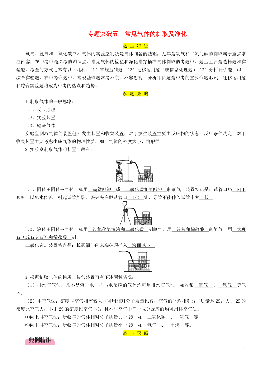 （百色專版）2019屆中考化學(xué)復(fù)習(xí) 第2編 重點(diǎn)專題突破篇 專題突破5 常見氣體的制取及凈化（精講）練習(xí)_第1頁