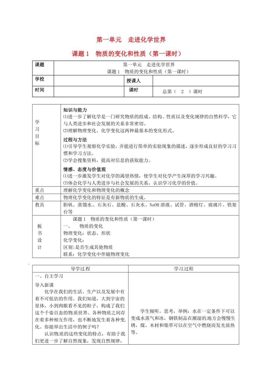 山東省郯城縣郯城街道初級中學(xué)九年級化學(xué)上冊 第一單元 走進(jìn)化學(xué)世界 課題1 物質(zhì)的變化和性質(zhì)學(xué)案1（無答案） 新人教版_第1頁