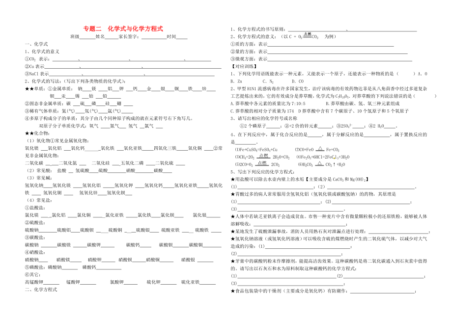 山東省濟寧市第十三中學(xué)2020屆九年級化學(xué)全冊 專題二 化學(xué)式與化學(xué)方程式練習(xí)（無答案） 魯教版五四制_第1頁