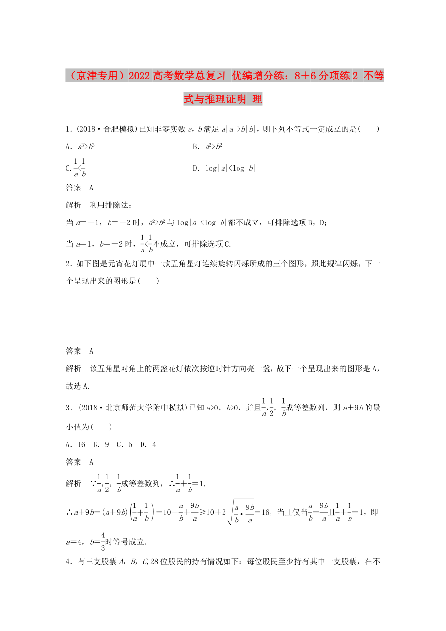 （京津专用）2022高考数学总复习 优编增分练：8＋6分项练2 不等式与推理证明 理_第1页