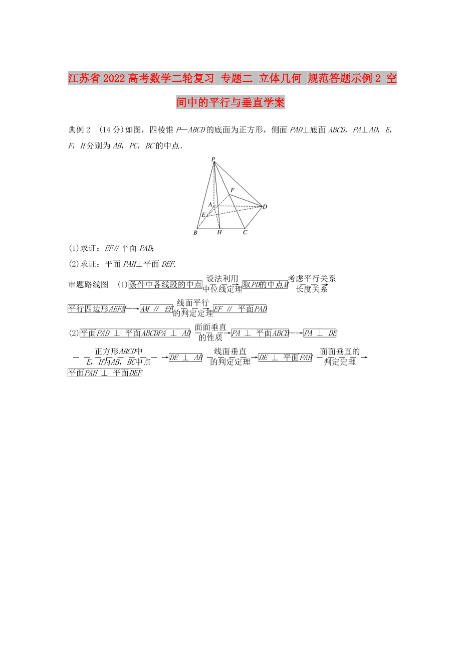 江蘇省2022高考數(shù)學二輪復習 專題二 立體幾何 規(guī)范答題示例2 空間中的平行與垂直學案_第1頁