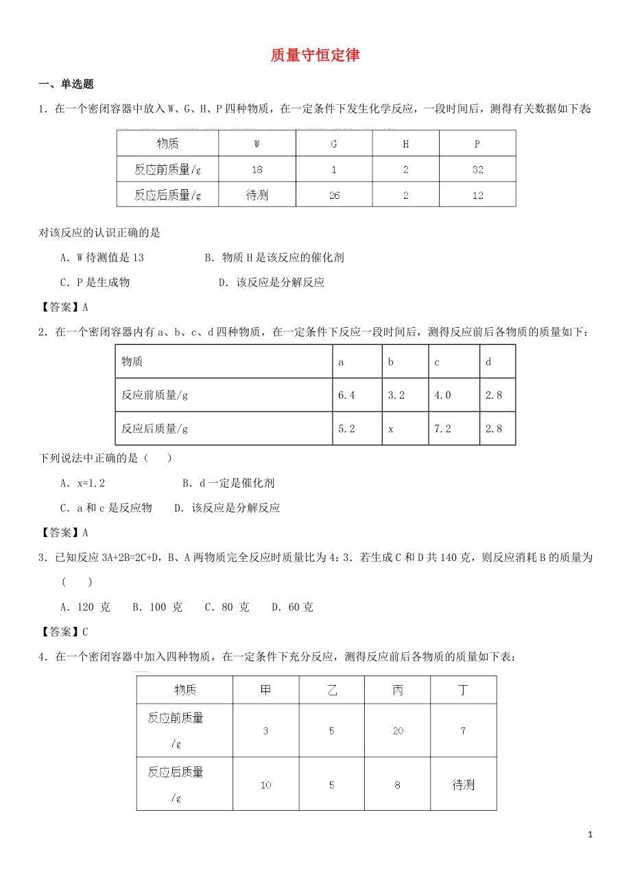 2018年中考化學專題測試卷 質量守恒定律_第1頁