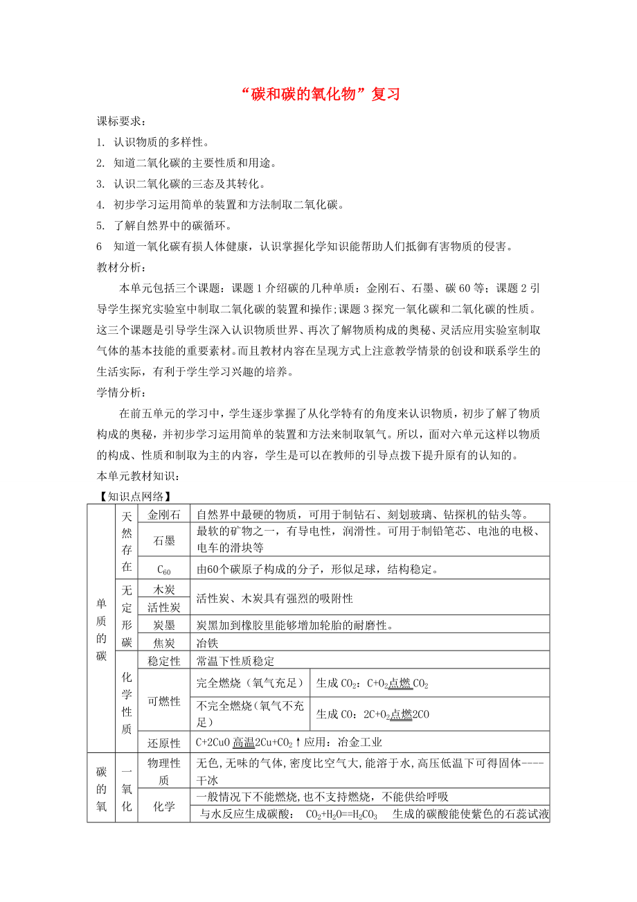 山西省太原37中九年級(jí)化學(xué) 《碳和碳的氧化物》復(fù)習(xí)教案_第1頁(yè)