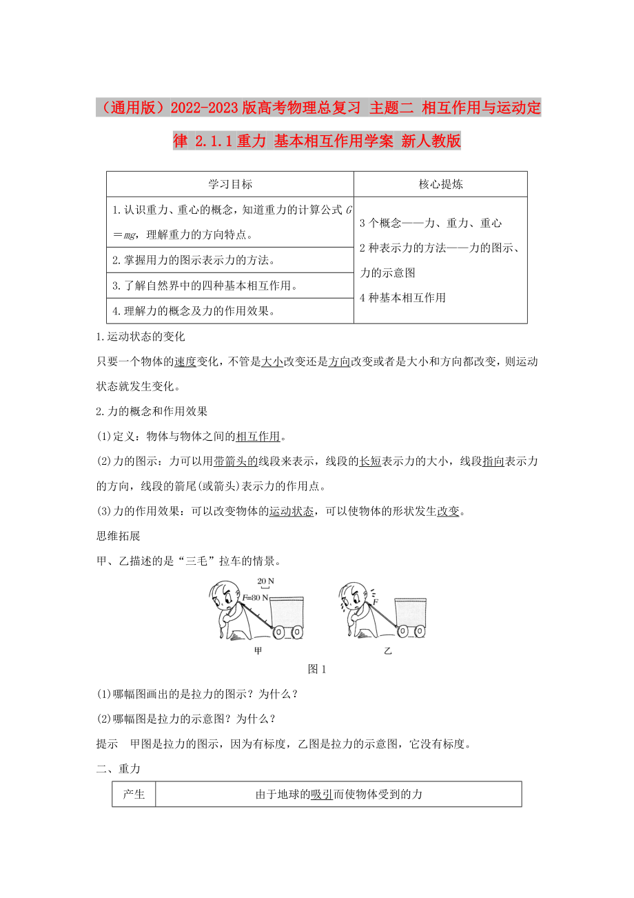 （通用版）2022-2023版高考物理總復(fù)習(xí) 主題二 相互作用與運(yùn)動(dòng)定律 2.1.1重力 基本相互作用學(xué)案 新人教版_第1頁(yè)