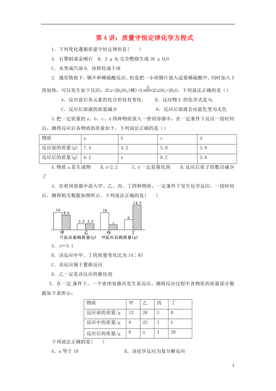 2018屆中考化學(xué)一輪復(fù)習(xí)《基礎(chǔ)理論和基本概念》第4講 質(zhì)量守恒定律 化學(xué)方程式檢測(cè)_第1頁