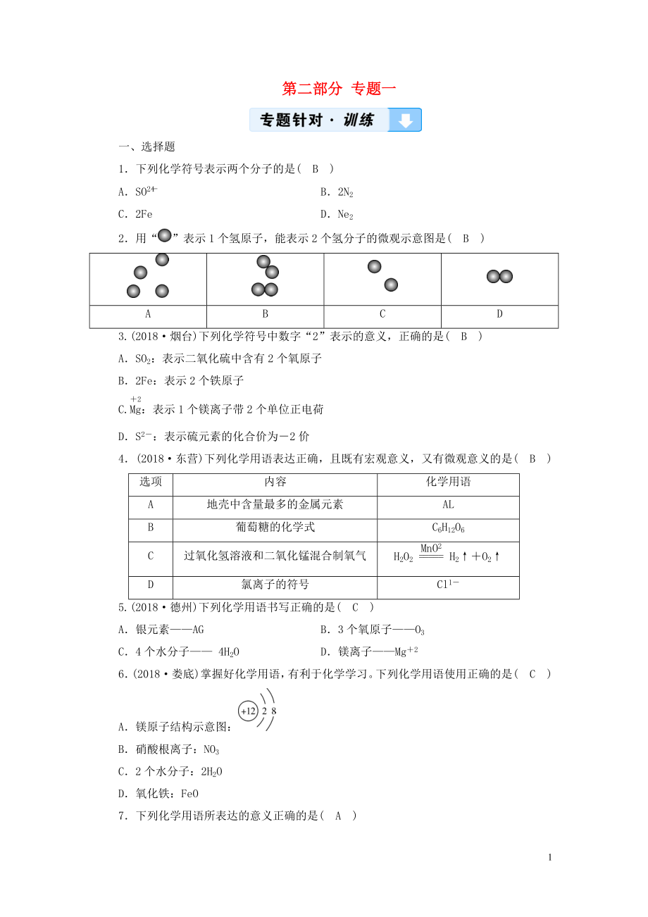 （江西專(zhuān)用）2019中考化學(xué)總復(fù)習(xí) 第二部分 專(zhuān)題綜合強(qiáng)化 專(zhuān)題一 化學(xué)用語(yǔ)習(xí)題_第1頁(yè)