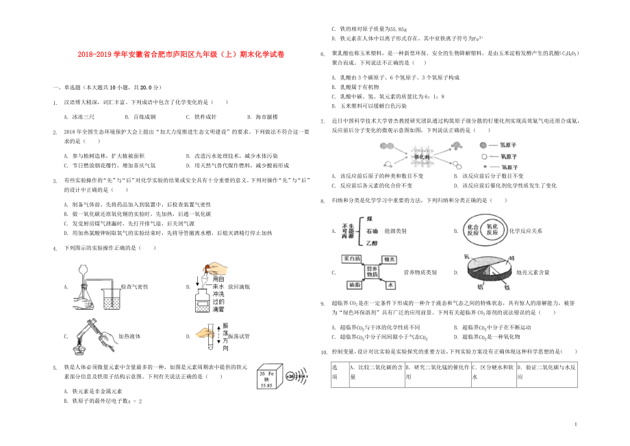 安徽省合肥市庐阳区2018-2019学年九年级化学上学期期末试卷（含解析）_第1页