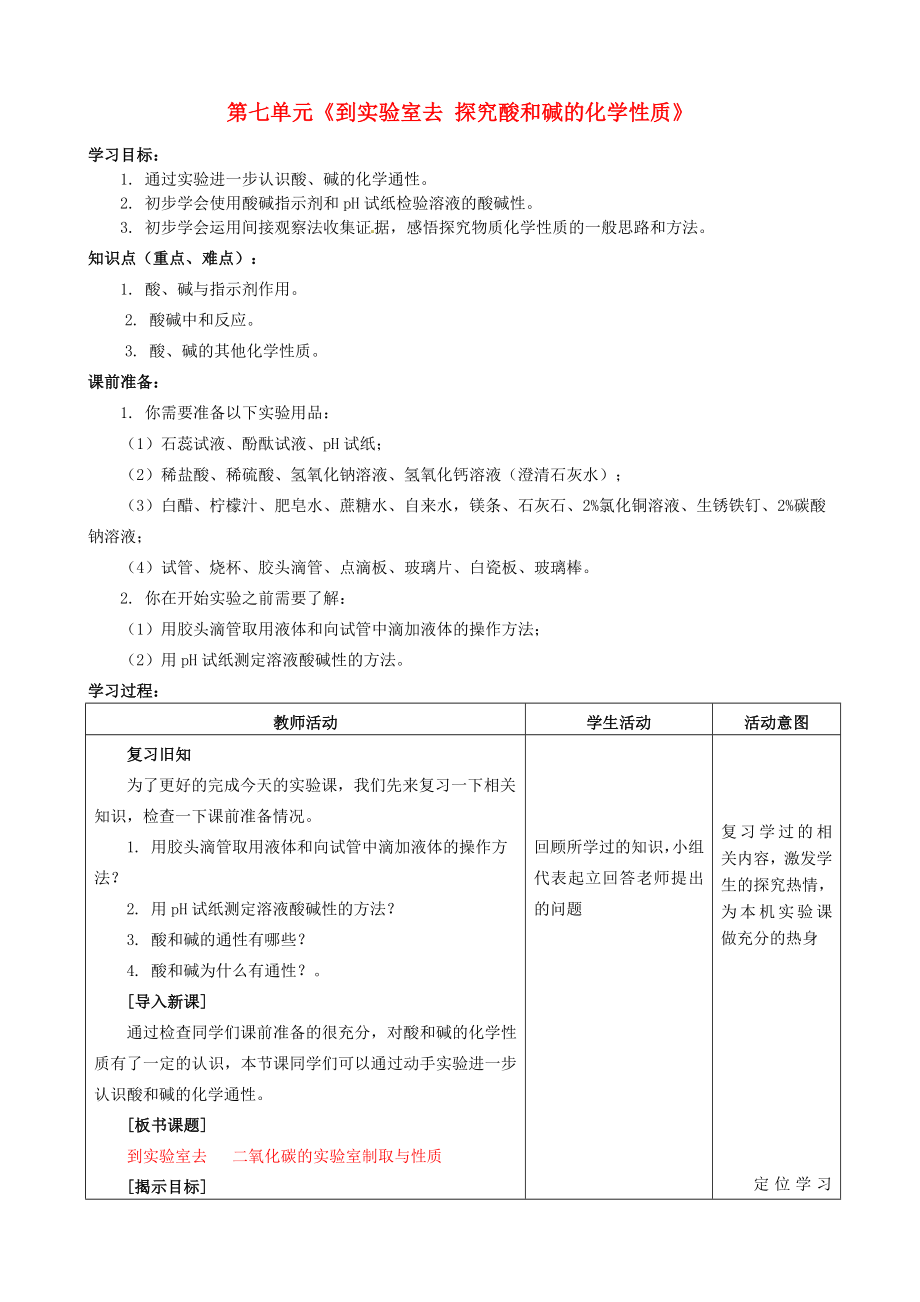 山东省枣庄市峄城区吴林街道中学九年级化学全册 第七单元《到实验室去 探究酸和碱的化学性质》学案（无答案） 鲁教版_第1页