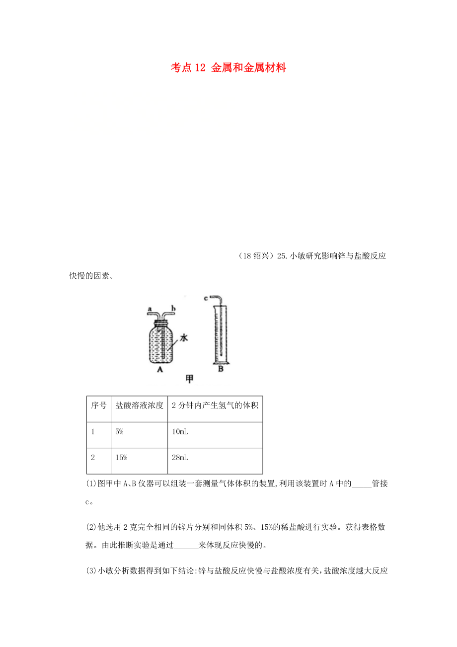 2020年中考化學(xué)真題分類匯編 2 我們身邊的物質(zhì) 考點(diǎn)12 金屬和金屬材料 1 金屬活動(dòng)性順序 2實(shí)驗(yàn)和實(shí)驗(yàn)方案 氫氣生成速率的探究（無答案）_第1頁