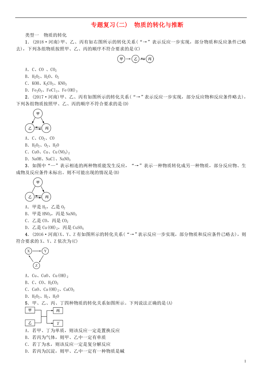 （河南專版）2018年秋九年級(jí)化學(xué)下冊(cè) 專題復(fù)習(xí)（二）物質(zhì)的轉(zhuǎn)化與推斷習(xí)題 （新版）新人教版_第1頁(yè)