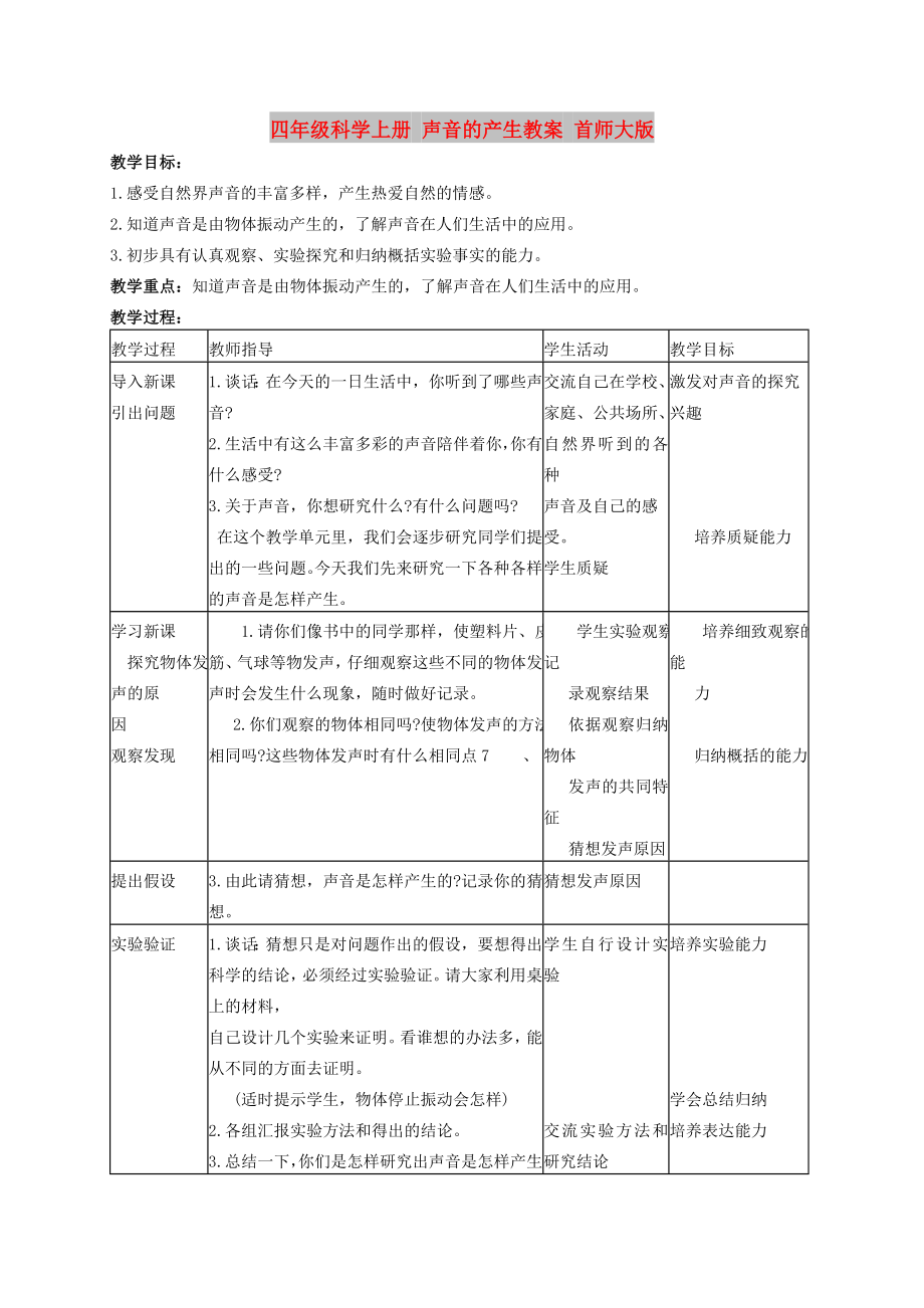 四年级科学上册 声音的产生教案 首师大版_第1页