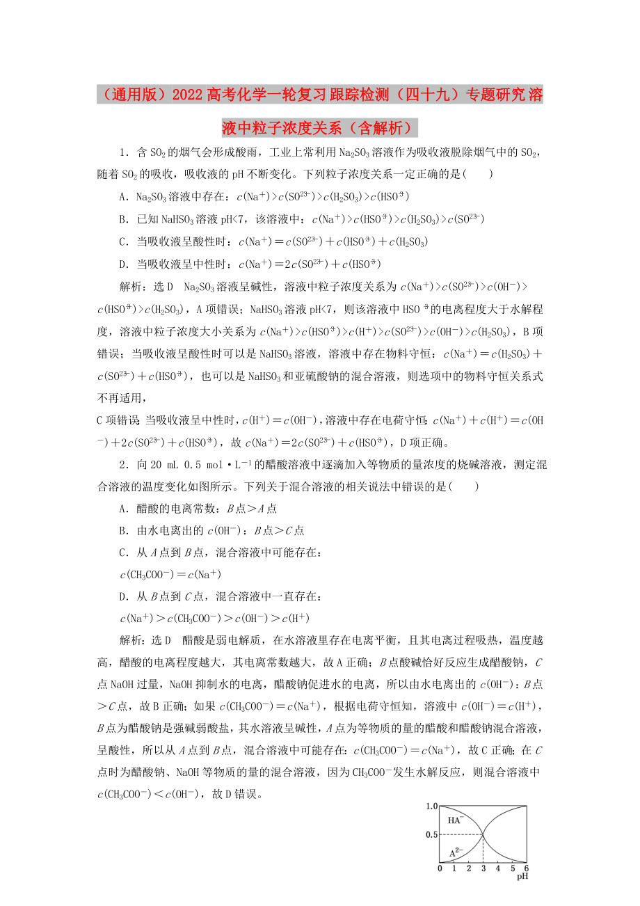 （通用版）2022高考化學(xué)一輪復(fù)習(xí) 跟蹤檢測(cè)（四十九）專題研究 溶液中粒子濃度關(guān)系（含解析）_第1頁