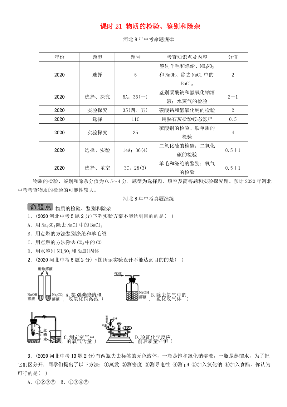 中考命題研究河北省2020中考化學(xué) 教材知識(shí)梳理 模塊五 科學(xué)探究 課時(shí)21 物質(zhì)的檢驗(yàn)（無答案）_第1頁