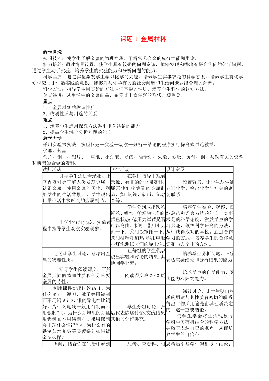 九年級(jí)化學(xué)下冊(cè)全冊(cè)教案 人教新課標(biāo)版（通用）_第1頁