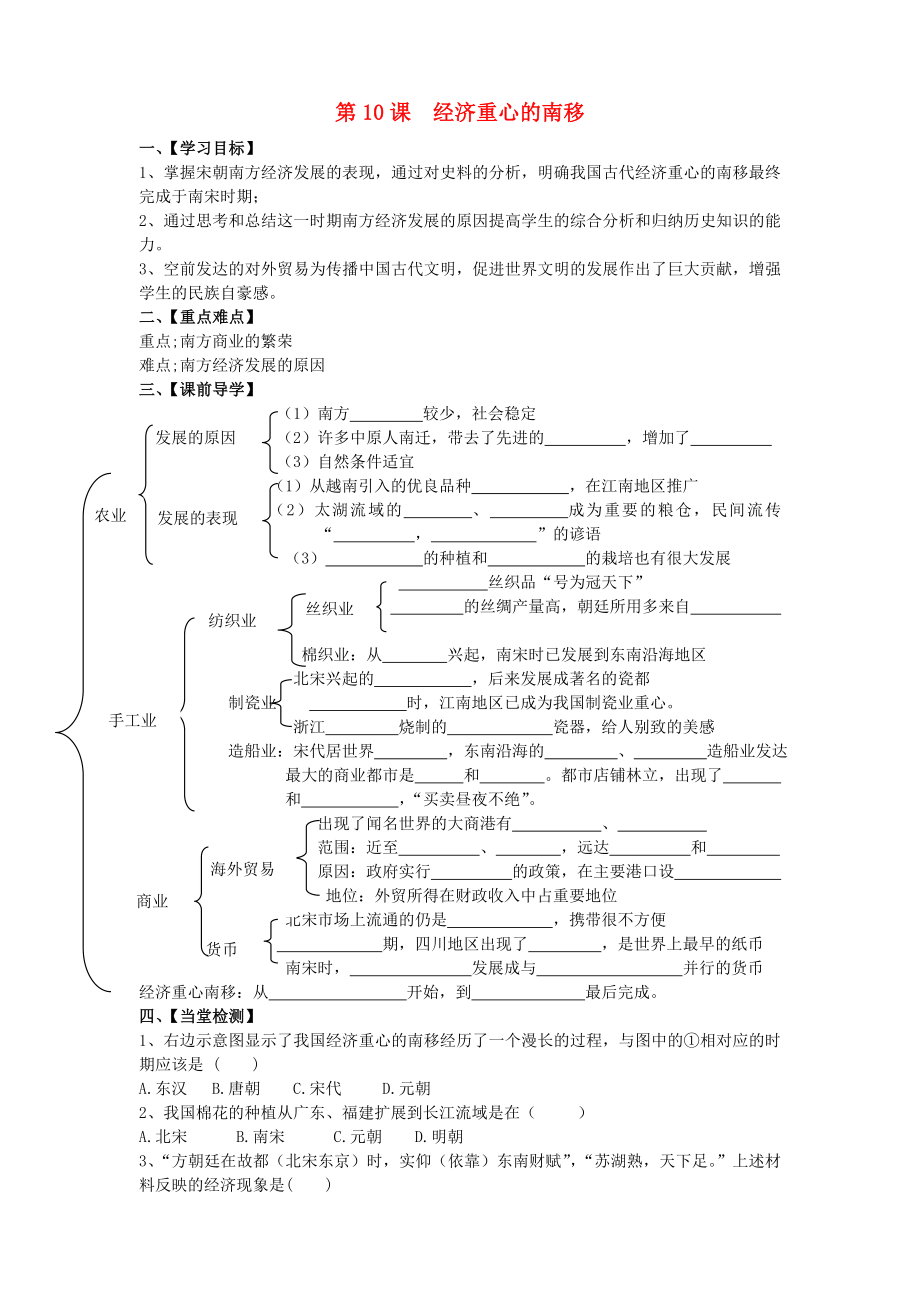 山東省泰安市岱岳區(qū)徂徠鎮(zhèn)第一中學(xué)七年級(jí)歷史下冊(cè)《10 經(jīng)濟(jì)重心的南移》導(dǎo)學(xué)案（無(wú)答案） 新人教版_第1頁(yè)