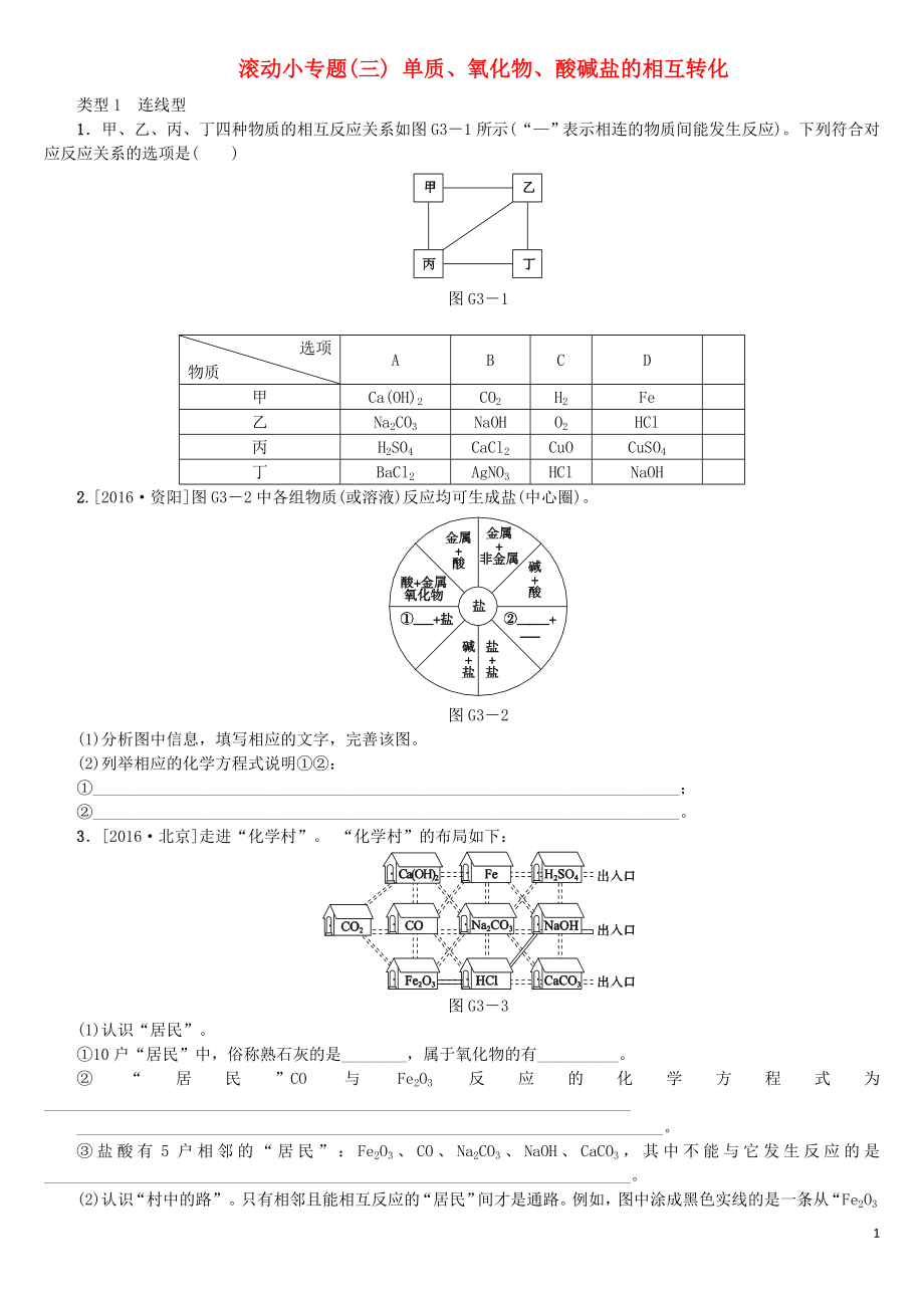 （山西专版）2018年中考化学复习方案 滚动小专题（三）单质、氧化物、酸碱盐的相互转化_第1页