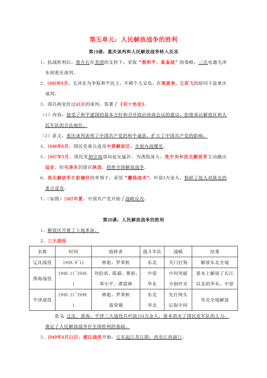 八年级历史上册 第五单元《人民解放战争的胜利》复习提纲 岳麓版_第1页