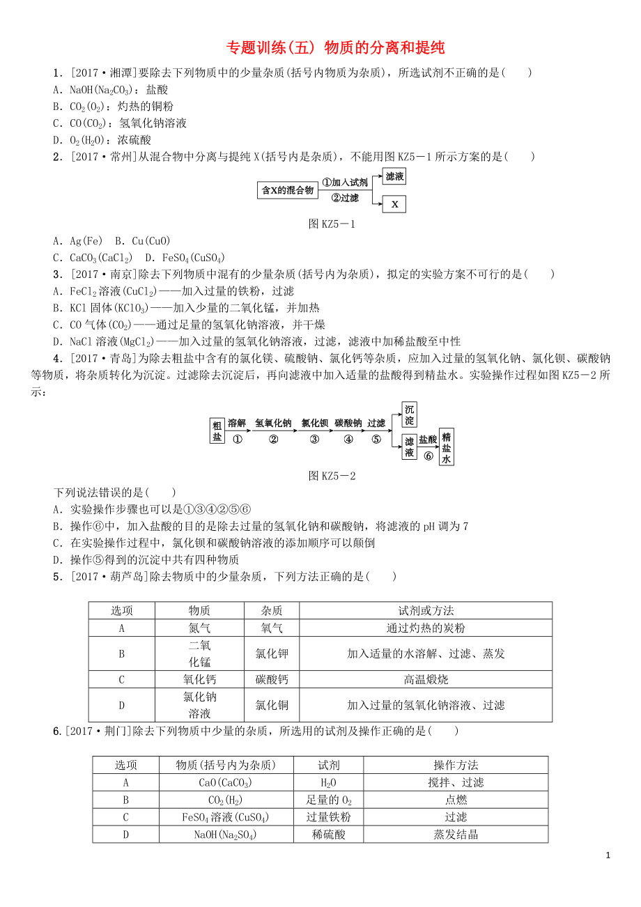 （山西专版）2018年中考化学复习方案 专题训练（五）物质的分离和提纯_第1页