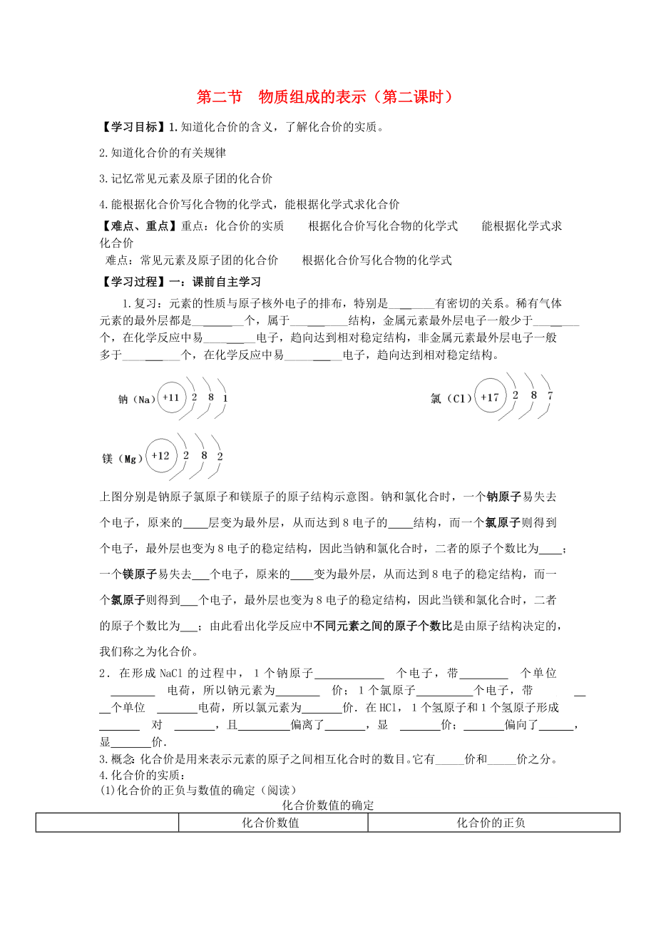 九年級(jí)化學(xué)上冊(cè) 第四單元 第二節(jié) 物質(zhì)組成的表示（第二課時(shí)）學(xué)案（無(wú)答案） 魯教版六三制_第1頁(yè)