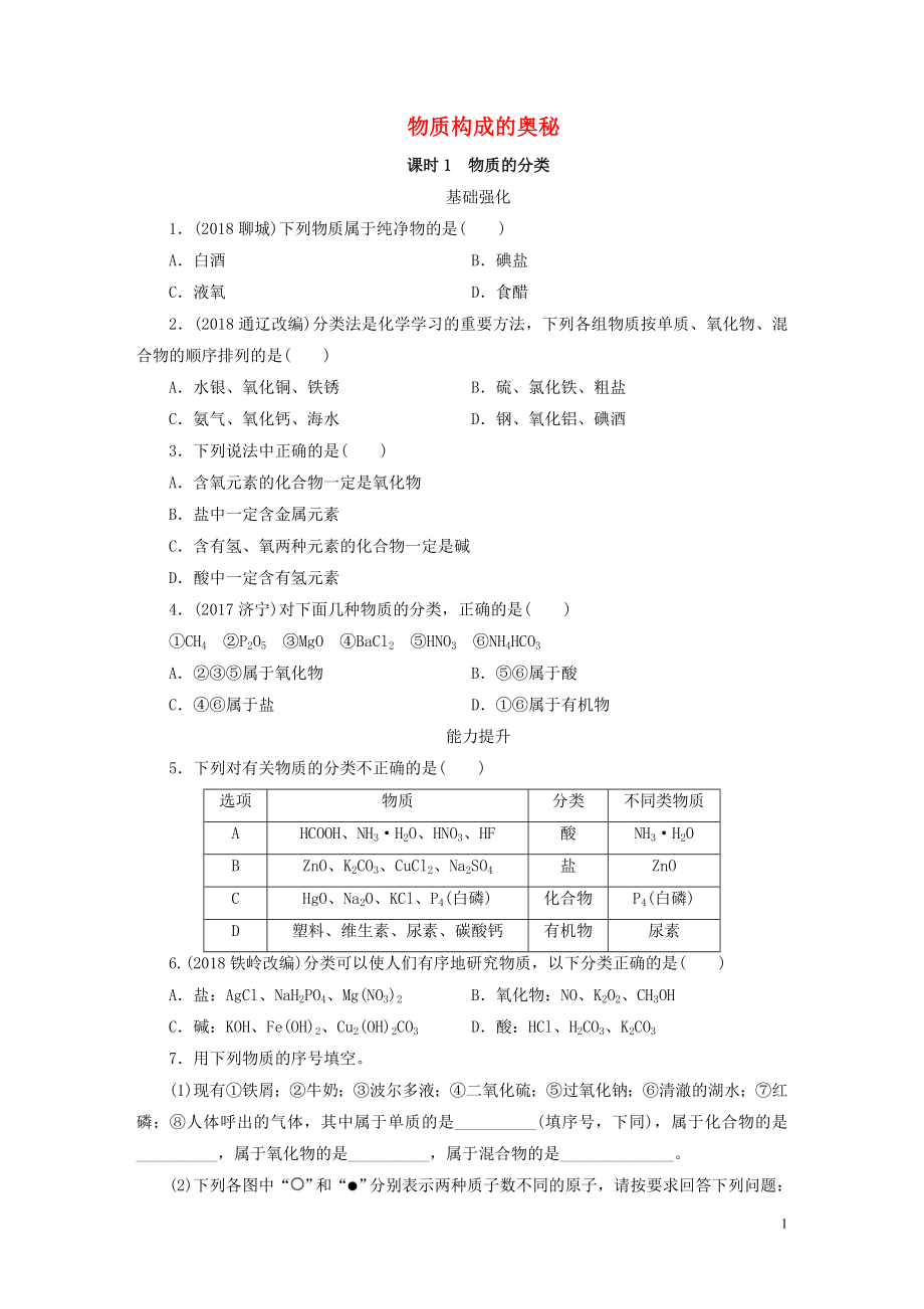 廣東省2019年中考化學(xué)總復(fù)習(xí) 第1部分 第一章 物質(zhì)構(gòu)成的秘密 課時1 物質(zhì)的分類優(yōu)化訓(xùn)練_第1頁