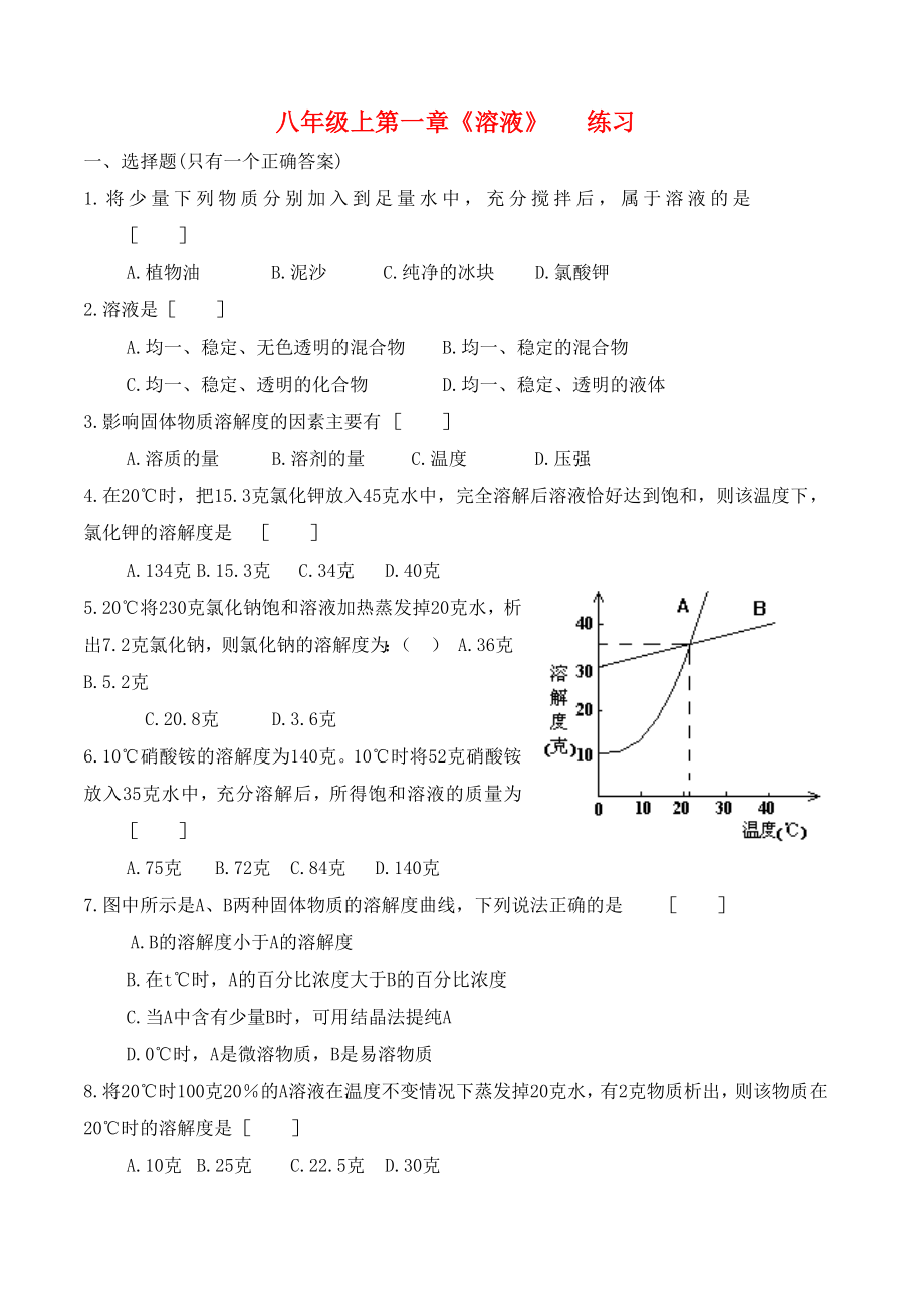 八年級化學(xué)上冊 第一章溶液隨堂練習(xí)（無答案）浙教版（通用）_第1頁