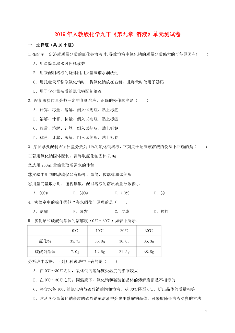 2019年九年級(jí)化學(xué)下冊(cè)《第九單元 溶液》測(cè)試卷1（含解析）（新版）新人教版_第1頁(yè)