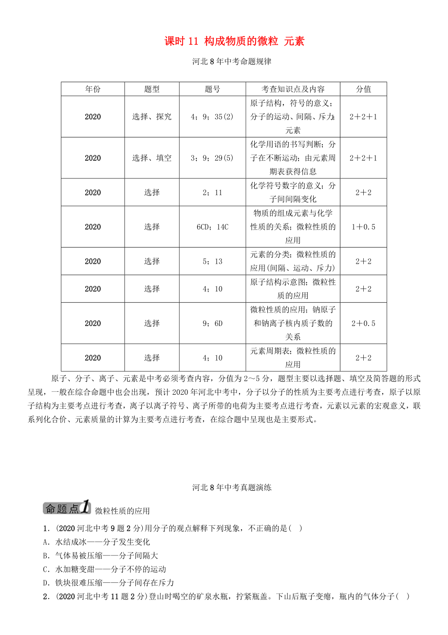 中考命題研究河北省2020中考化學(xué) 教材知識梳理 模塊二 物質(zhì)構(gòu)成的奧秘 課時(shí)11 構(gòu)成物質(zhì)的微粒 元素（無答案）_第1頁