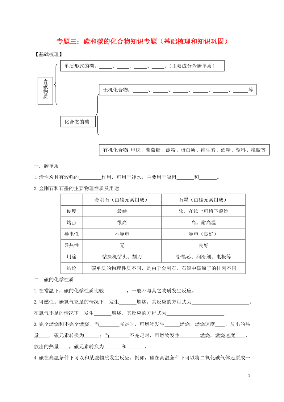 江蘇省常州市天寧區(qū)2018屆中考化學(xué)專題復(fù)習(xí) 專題三 碳及碳的化合物知識（基礎(chǔ)梳理和知識鞏固）_第1頁