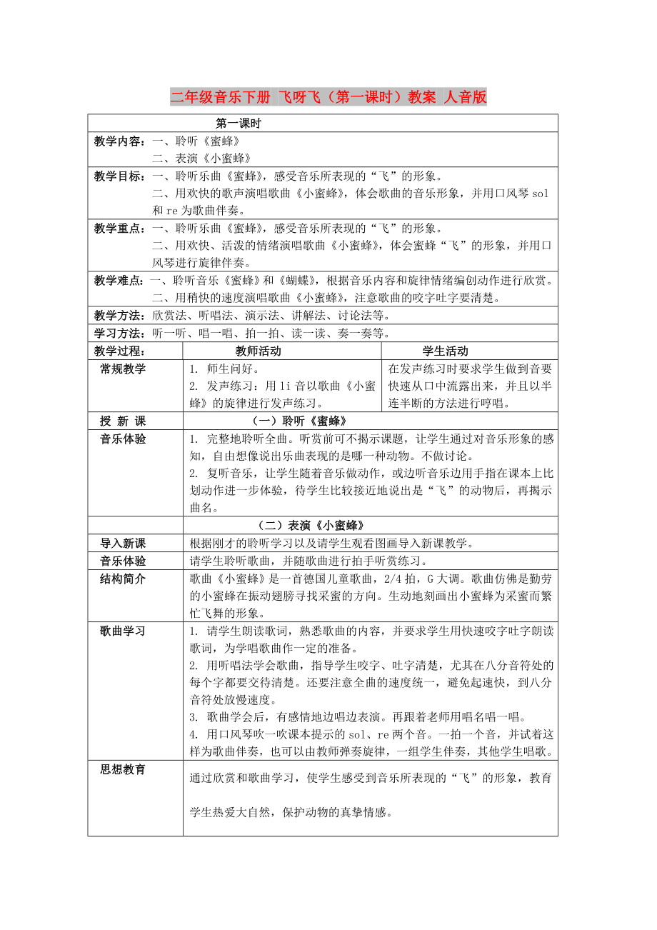 二年級(jí)音樂(lè)下冊(cè) 飛呀飛（第一課時(shí)）教案 人音版_第1頁(yè)