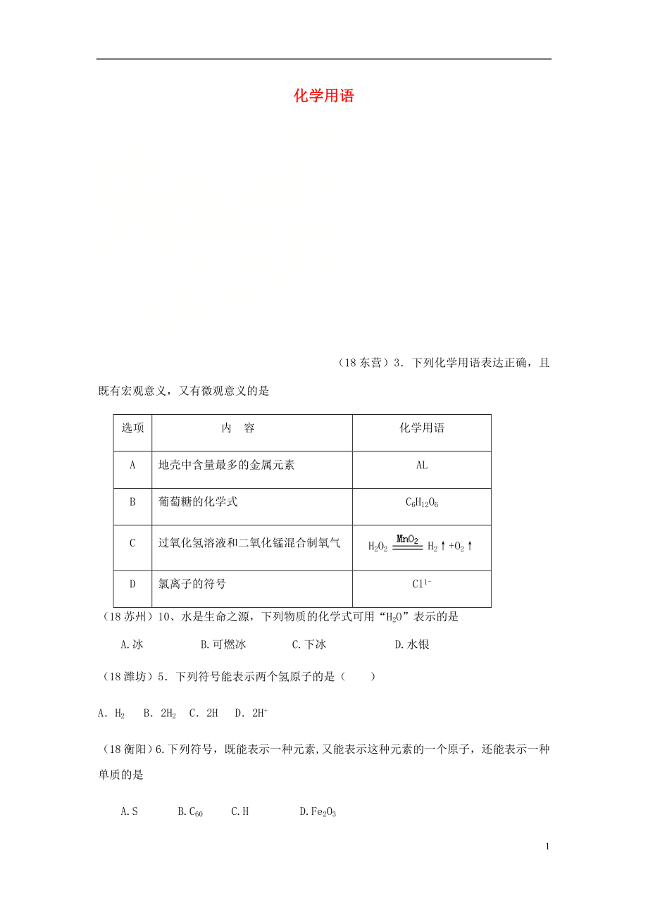 2018年中考化学真题分类汇编 1 物质的构成和变化 考点6 化学用语 2元素符号、离子符号和化学式 1符号的意义（无答案）_第1页