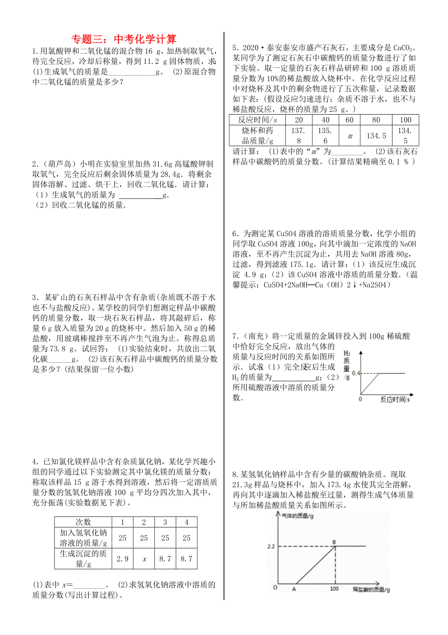 安徽省2020年中考化學專題突破 專題三 化學計算（無答案）_第1頁