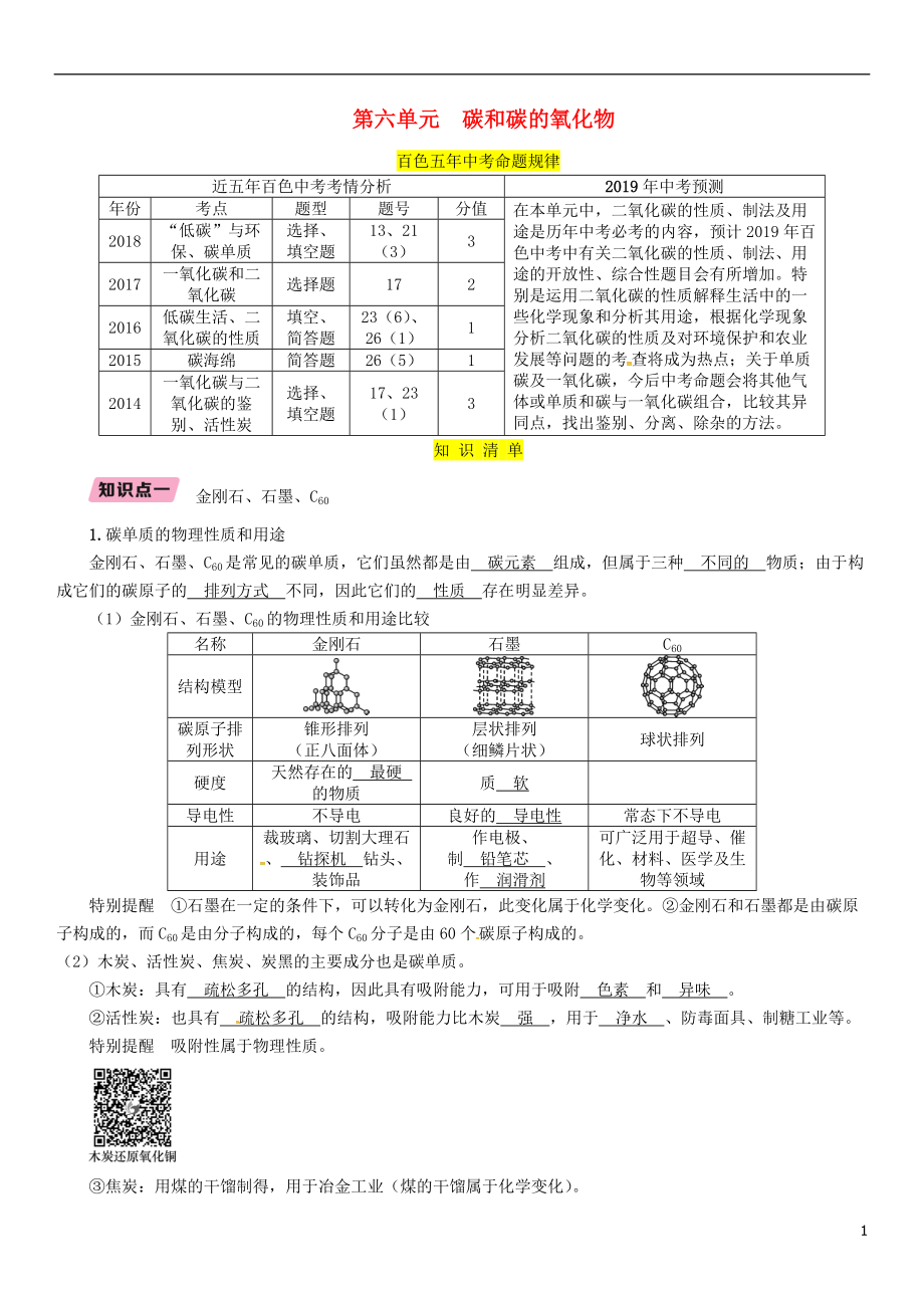 （百色專版）2019屆中考化學(xué)復(fù)習(xí) 第1編 教材知識(shí)梳理篇 第6單元 碳和碳的氧化物（精講）練習(xí)_第1頁(yè)