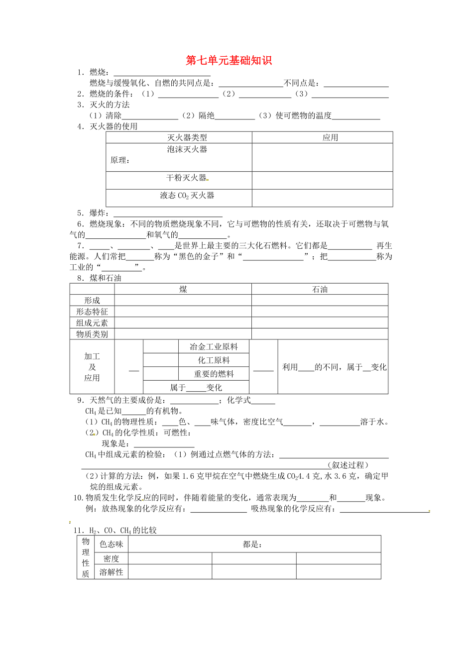 天津市太平村中學(xué)九年級化學(xué)上冊 第七單元 燃料及其利用基礎(chǔ)知識（無答案） 新人教版_第1頁