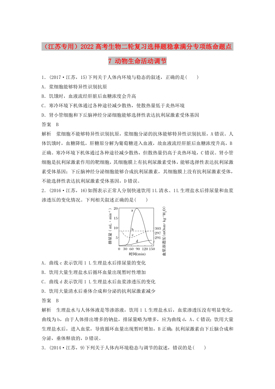 （江蘇專用）2022高考生物二輪復(fù)習(xí) 選擇題穩(wěn)拿滿分專項(xiàng)練 命題點(diǎn)7 動物生命活動調(diào)節(jié)_第1頁