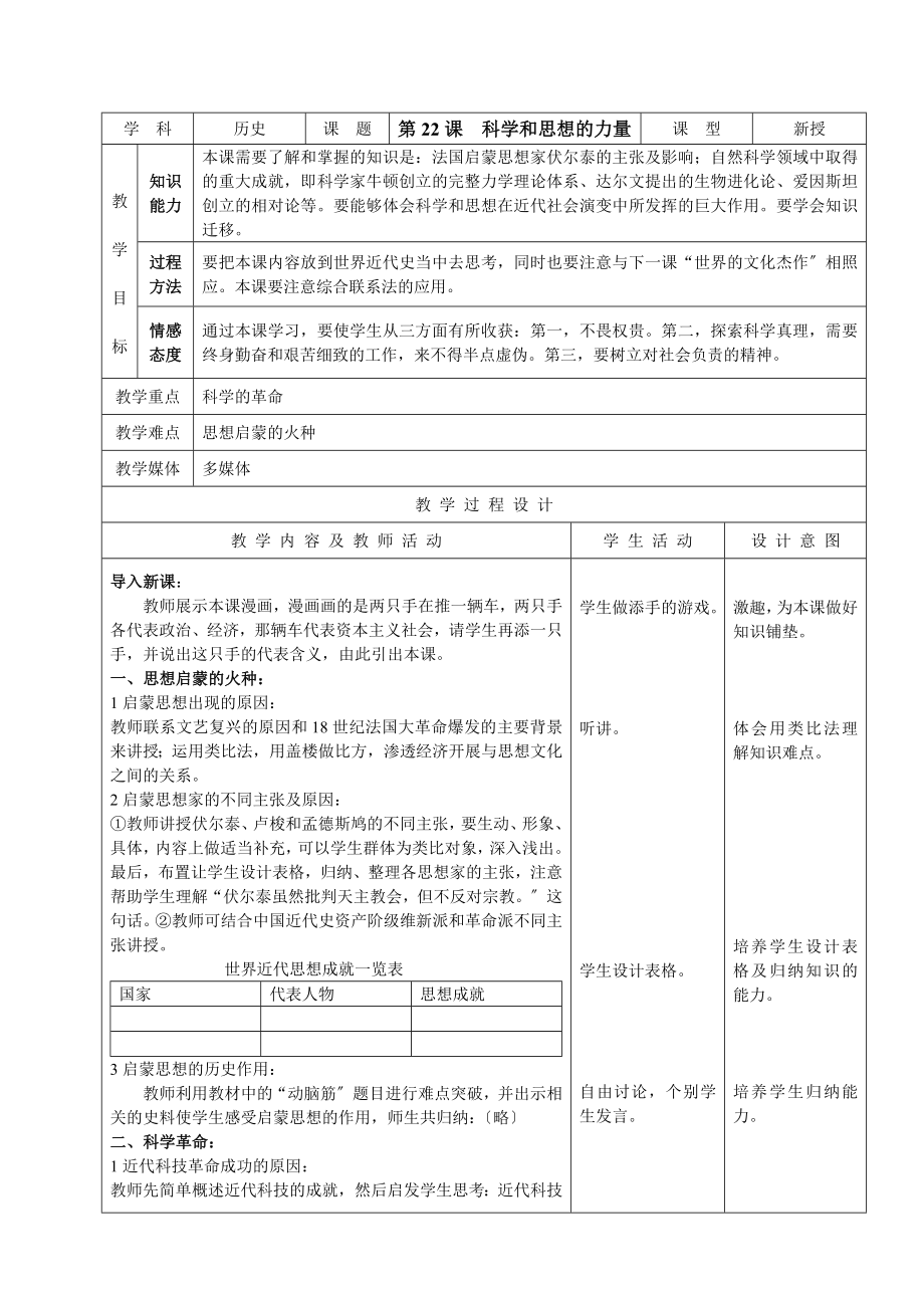 人教版新目标初中九年级世界历史上册教案第22课科学和思想的力量_第1页