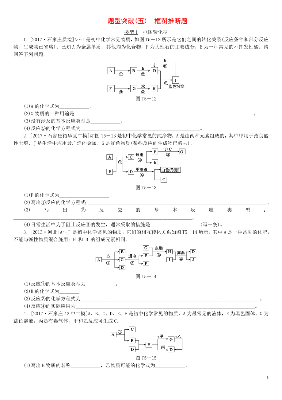 （河北专版）2018年中考化学复习练习 题型突破（5）框图推断题_第1页