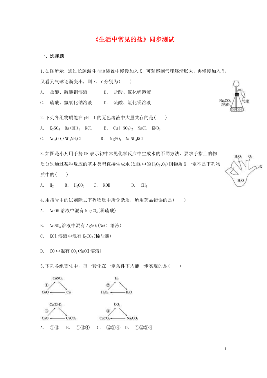 2019九年級化學下冊 第11單元 課題1《生活中常見的鹽》同步測試 （新版）新人教版_第1頁