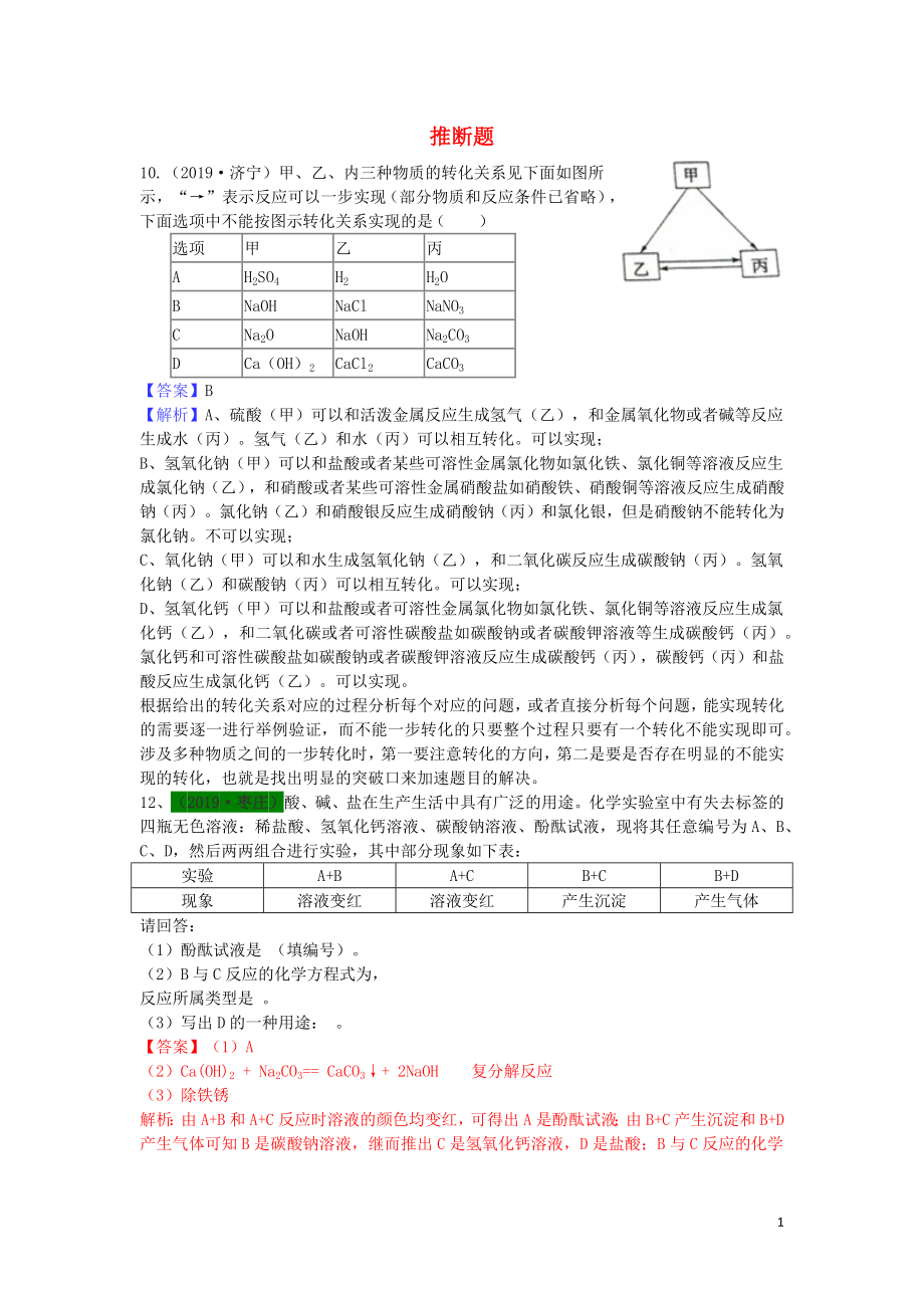 山東省2019年中考化學(xué)試題匯編 推斷題（含解析）_第1頁