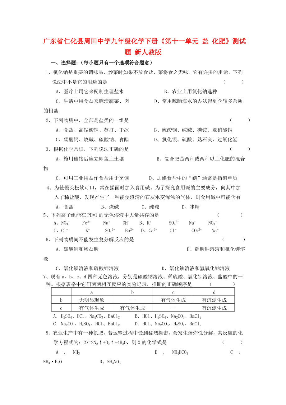 廣東省仁化縣周田中學(xué)九年級(jí)化學(xué)下冊(cè)《第十一單元 鹽 化肥》測(cè)試題（無答案） 新人教版（通用）_第1頁