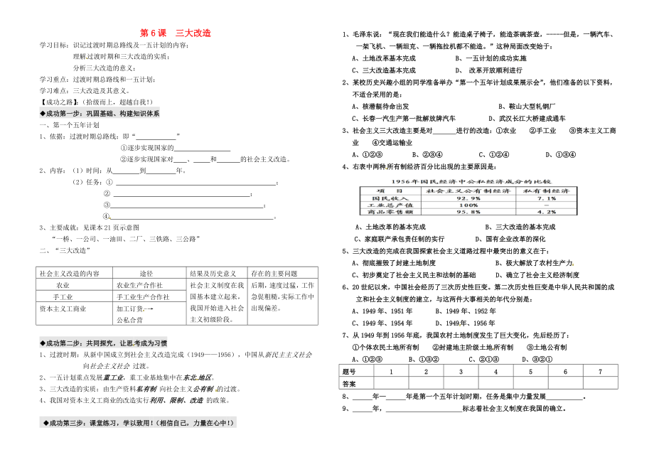 廣東省佛山市順德區(qū)2020八年級歷史下冊 第一單元 走向社會主義 第6課 三大改造導(dǎo)學(xué)案（無答案） 北師大版_第1頁